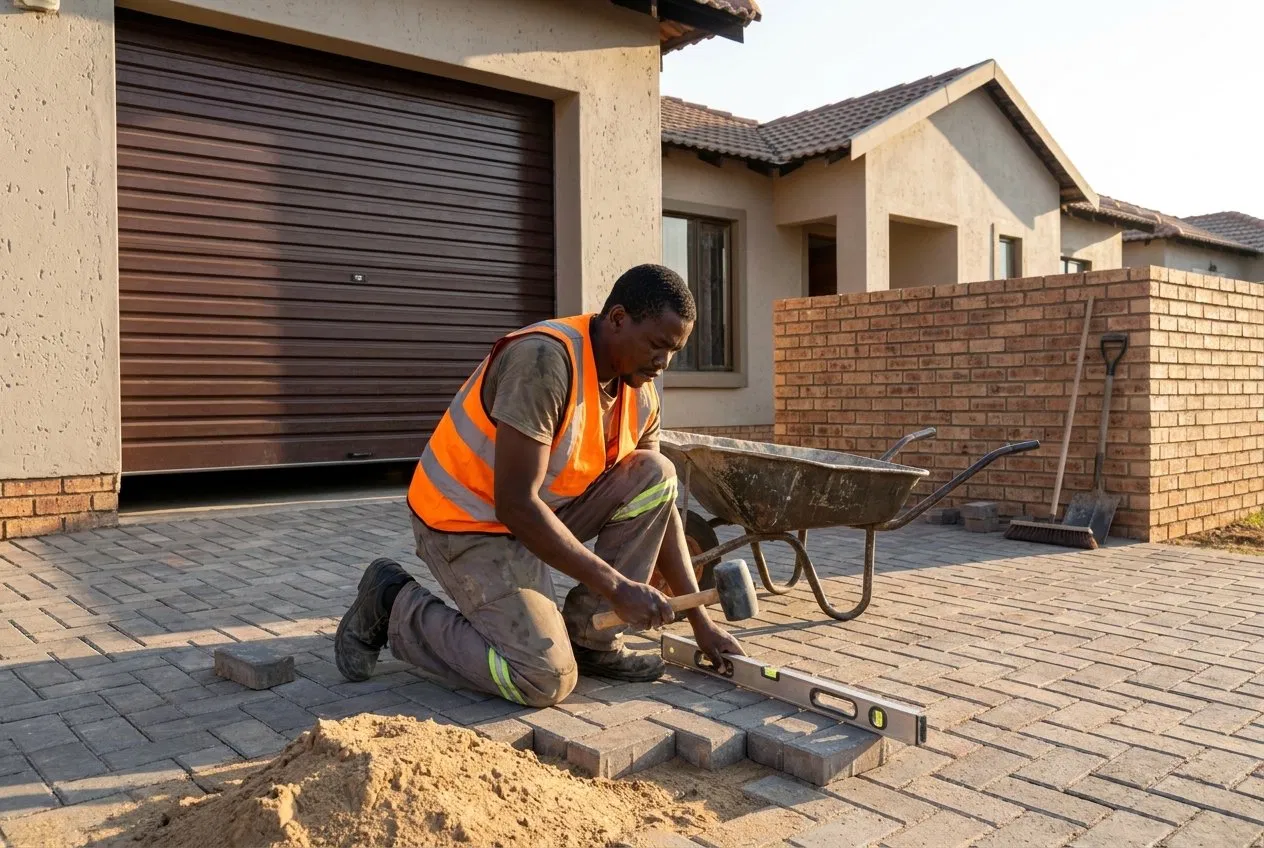 Conceptial team laying brick paving at a residential driveway