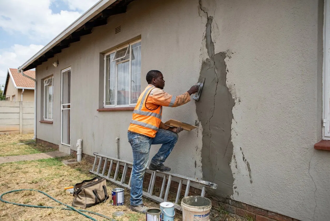 Conceptial tradesman repairing and re-plastering an exterior wall crack